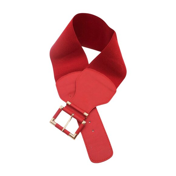 New Women Red Elastic Wide Fashion Belt Hip High Waist Gold Square Buckle S M - Picture 16 of 16